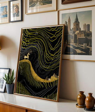 Ciervo dorado y paisaje montañoso abstracto con líneas onduladas
