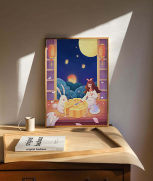 Moonlit Night with Lanterns and Tea Ceremony Featuring Rabbits and Mooncakes