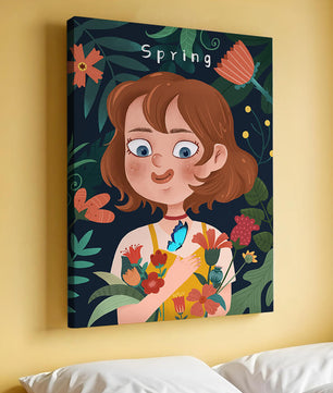 Ilustración primaveral encantadora con flores y mariposa