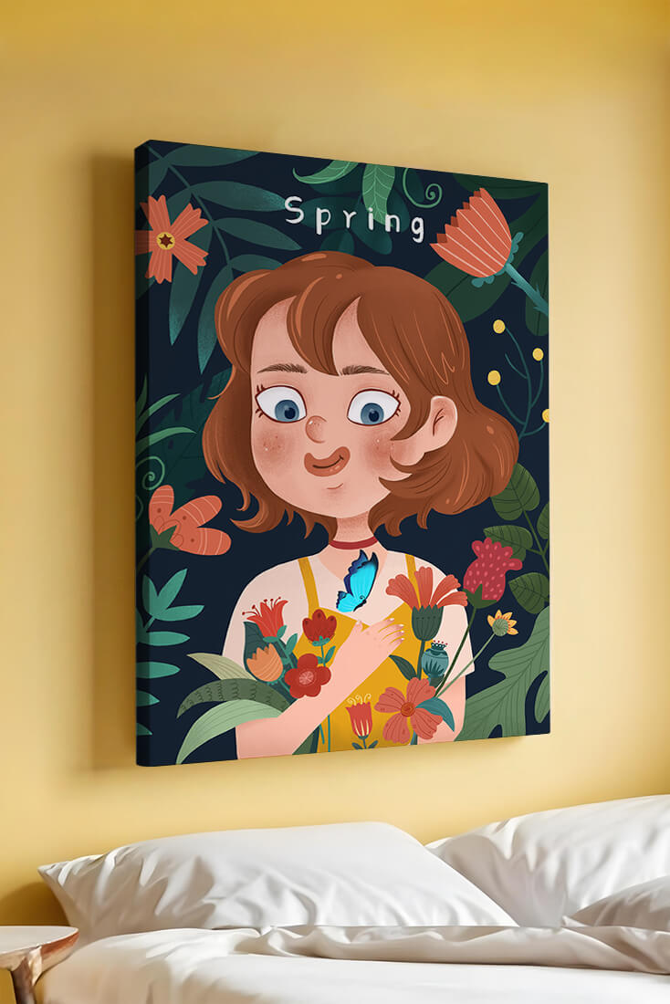 Ilustración primaveral encantadora con flores y mariposa