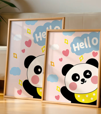 Panda illustration with playful elements and pastel colors