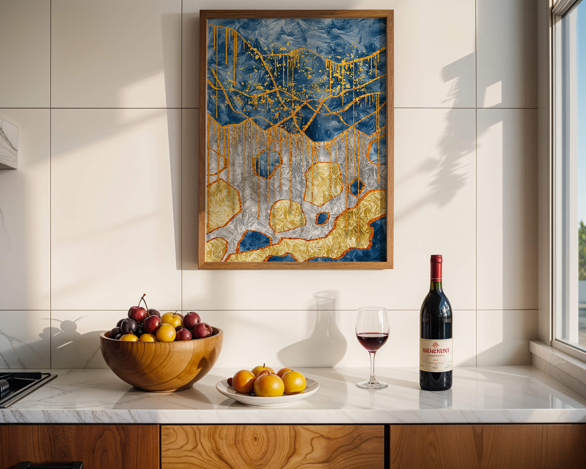 Abstract gold and blue textured art with dynamic splashes of color