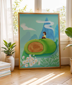Serene Landscape with Child Sitting on Giant Leaf in Mountainous Fantasy Setting