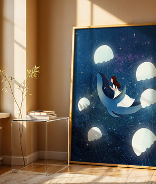 Dreamlike scene of a girl riding a whale among jellyfish in space