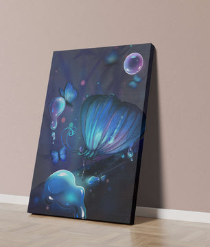 Illuminated Blue Butterflies with Glowing Bubbles in Enchanted Darkness