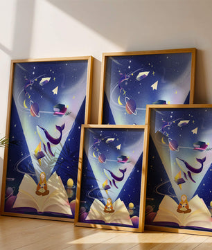 Imaginative galaxy scene with books and a child