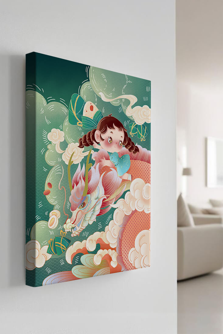 Whimsical scene of a girl riding a dragon through clouds