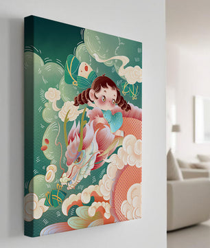 Whimsical scene of a girl riding a dragon through clouds
