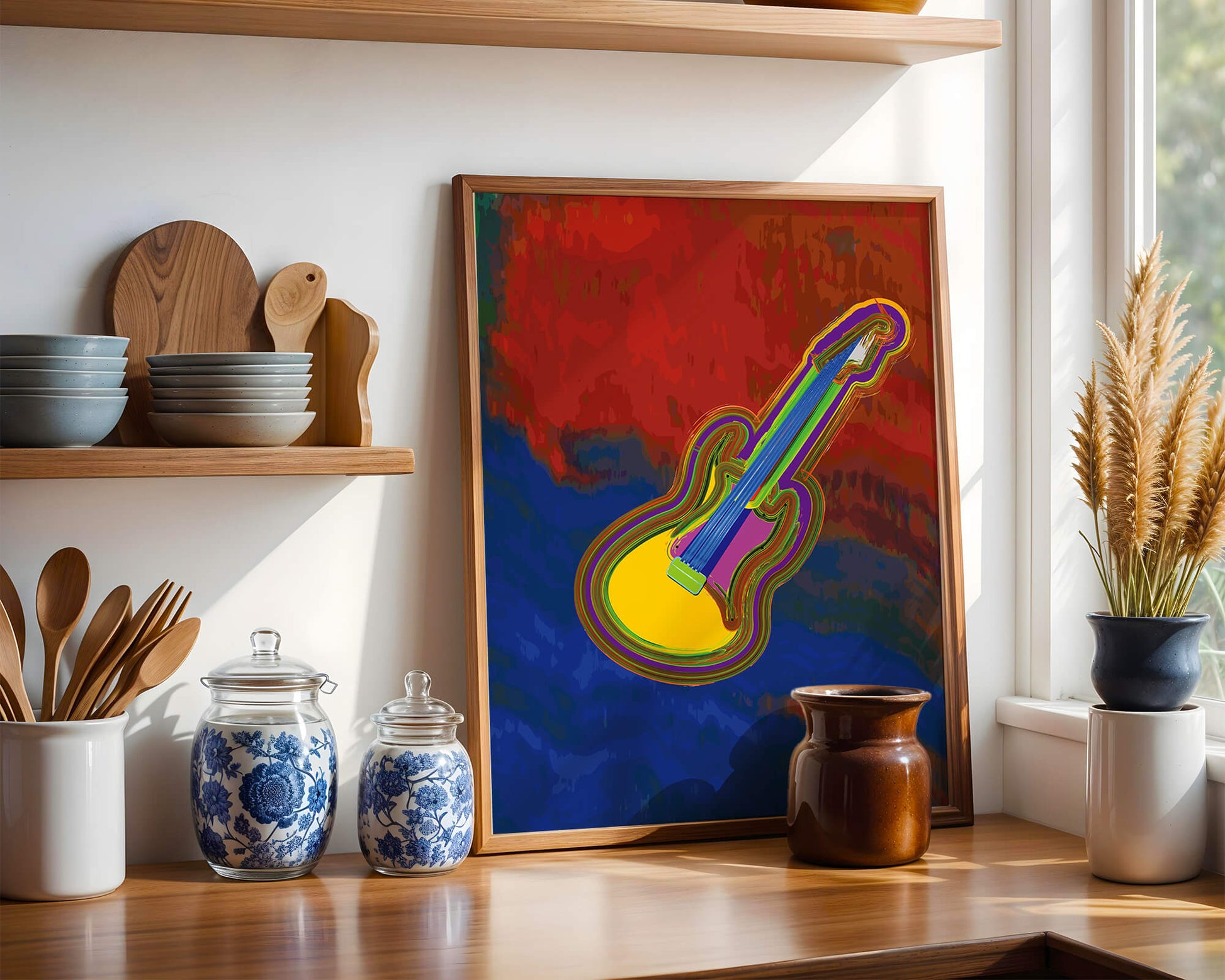 Vibrant abstract guitar illustration with bold colors