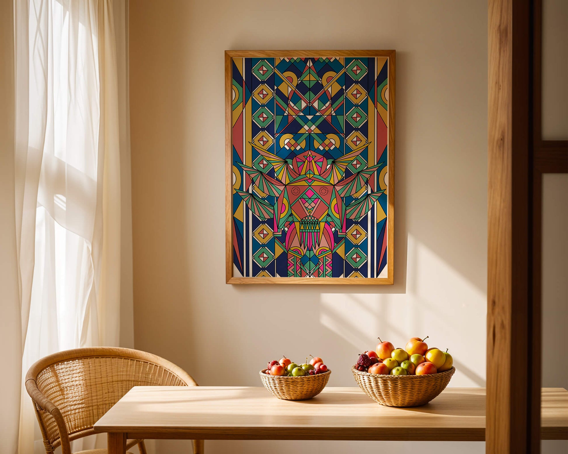 Arte abstracto geométrico colorido con patrones simétricos