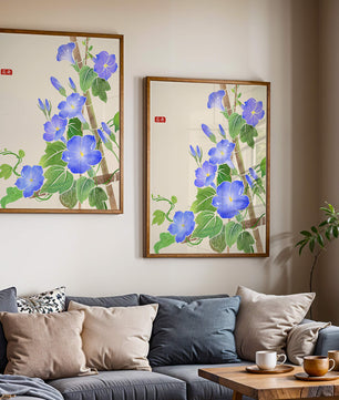 Obra floral delicada con glorias matutinas azules vibrantes