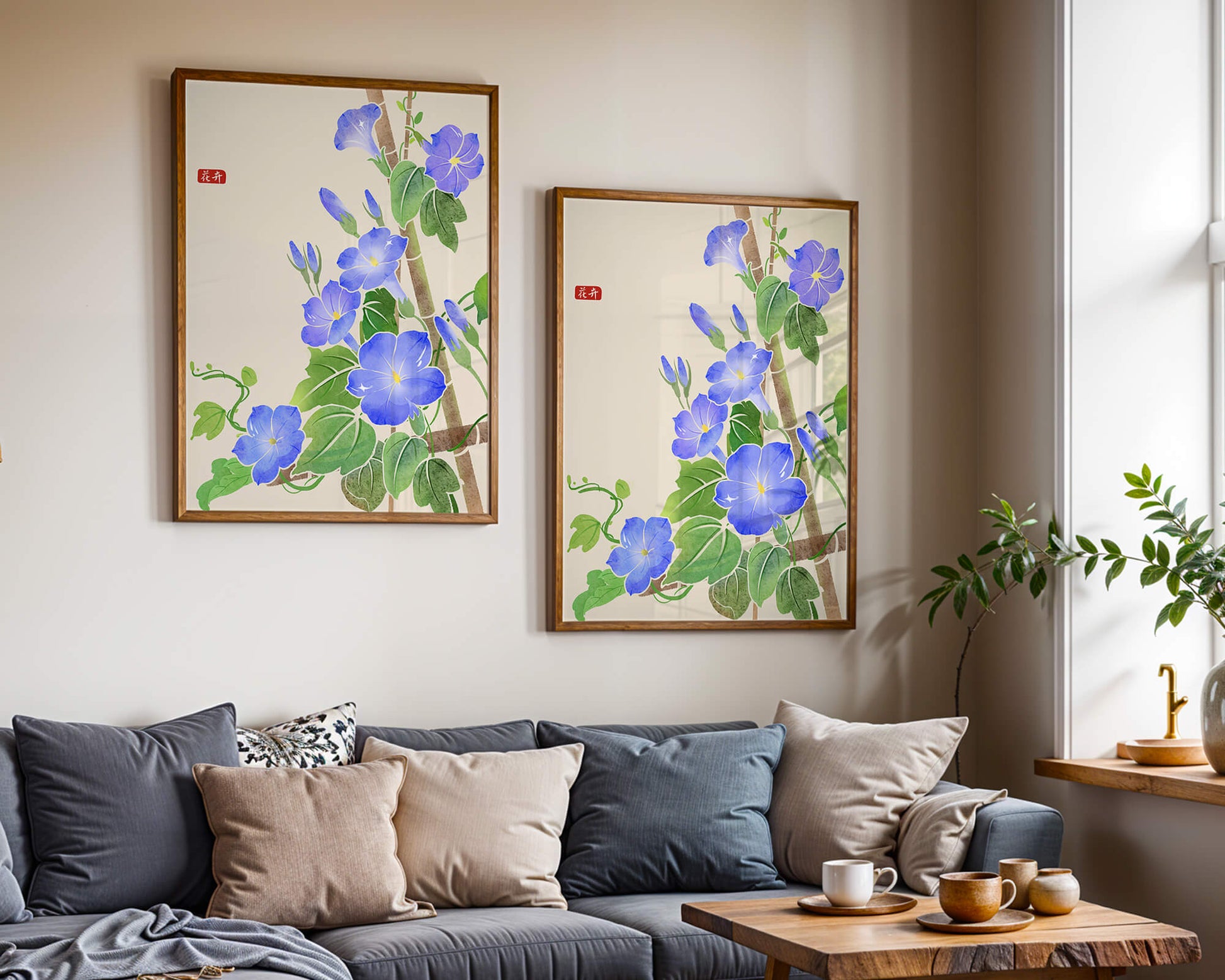 Obra floral delicada con glorias matutinas azules vibrantes