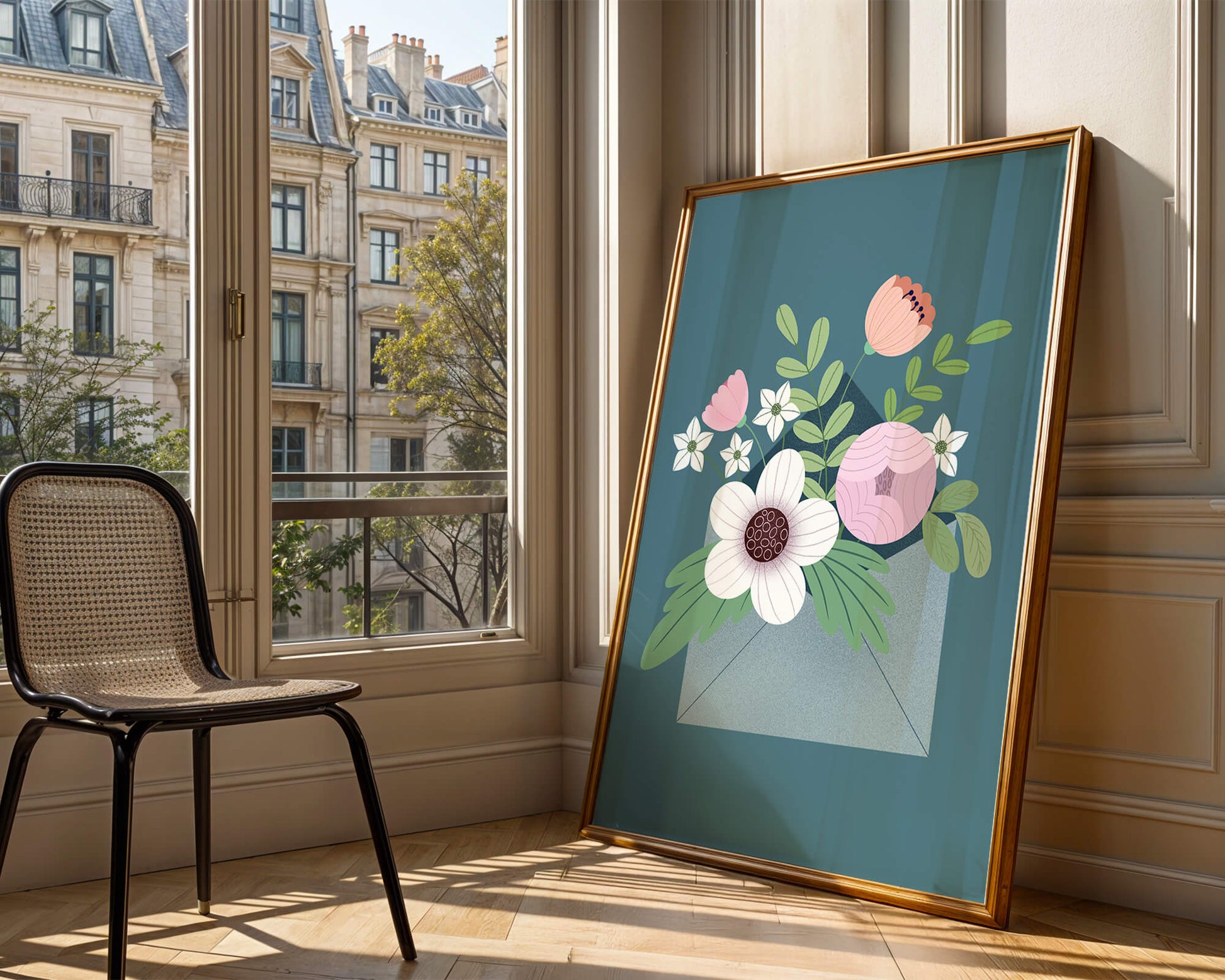 Bouquet floral illustré sortant d'une enveloppe sur un fond bleu sarcelle