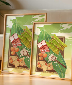 Traditional dumplings wrapped in leaves with ingredients on a vibrant background