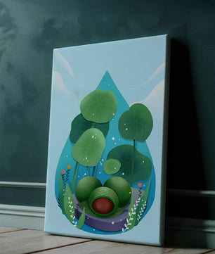 Nature-inspired abstract illustration with leaves and spheres