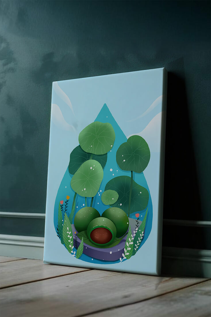 Nature-inspired abstract illustration with leaves and spheres