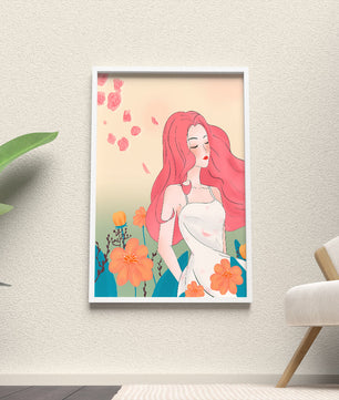 Illustration of a serene woman in a floral dress with flowing red hair