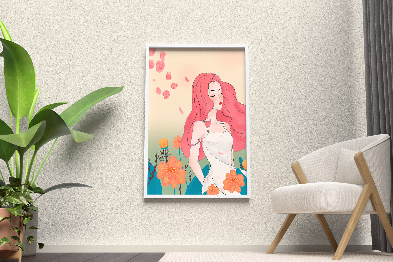 Illustration of a serene woman in a floral dress with flowing red hair