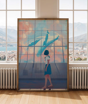 Joven mirando una ballena gigante a través de una ventana grande