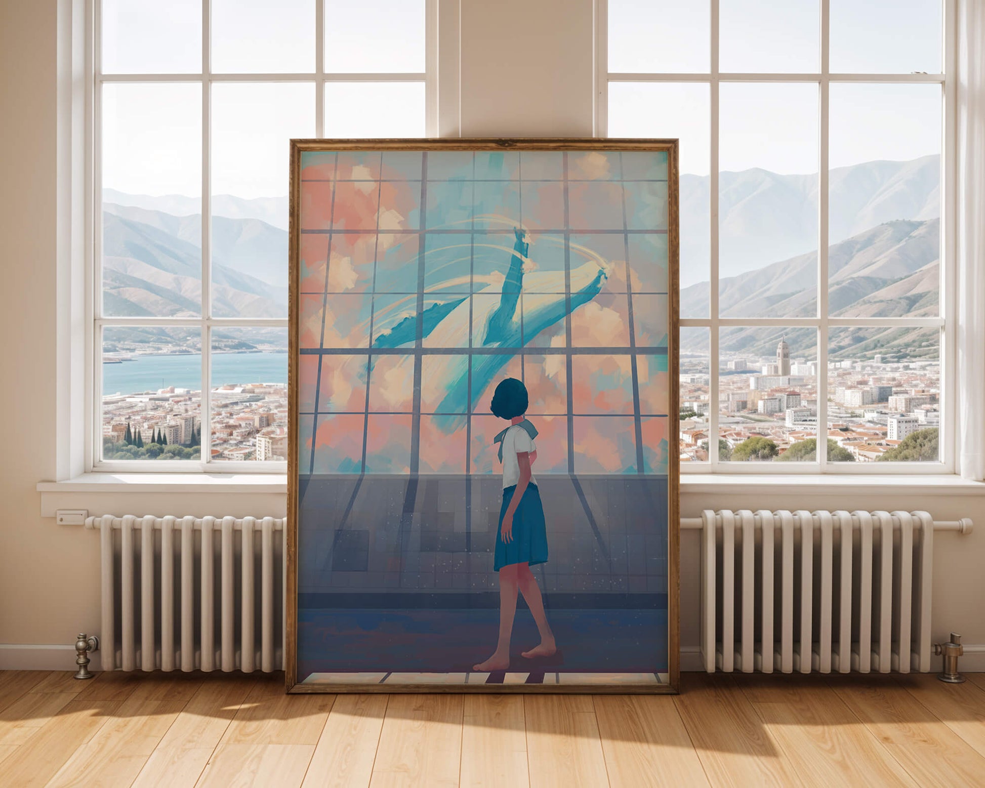 Young girl looking at a giant whale through a large window