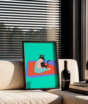 Gemütliche Illustration eines Mädchens, das eine Katze auf einer bunten Matte umarmt