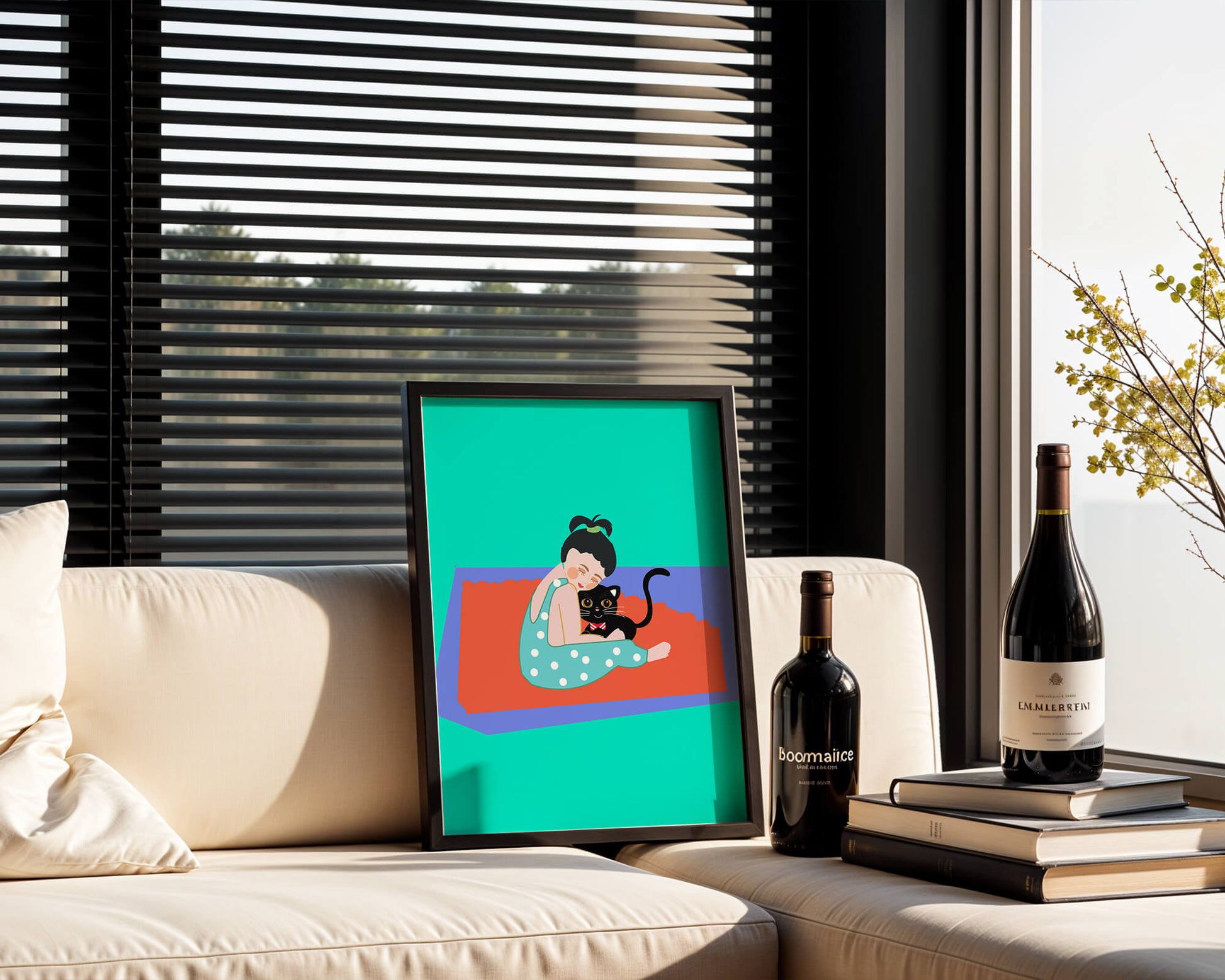 Gemütliche Illustration eines Mädchens, das eine Katze auf einer bunten Matte umarmt