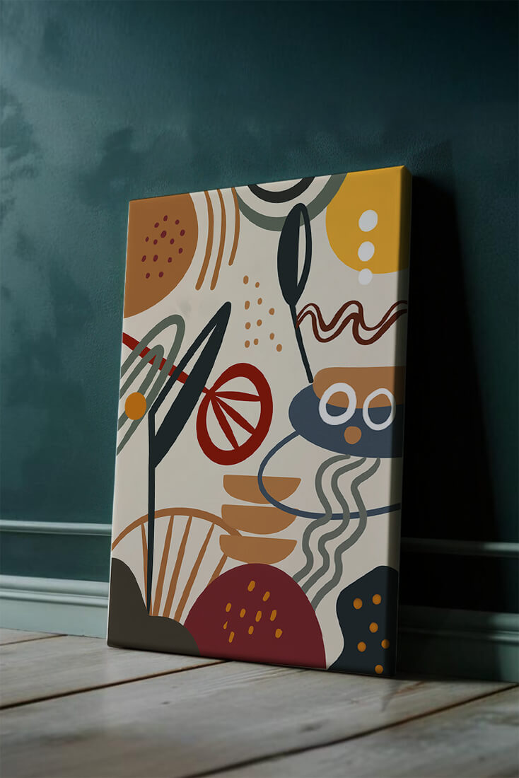 Arte geométrico abstracto con patrones y colores llamativos.