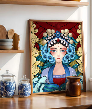 Traditional Asian Portrait with Vibrant Colors and Floral Details