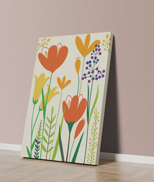 Bright Floral Illustration with Orange, Yellow, and Purple Flowers in Bold Colors