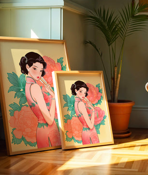 Elegant woman in traditional dress with floral background