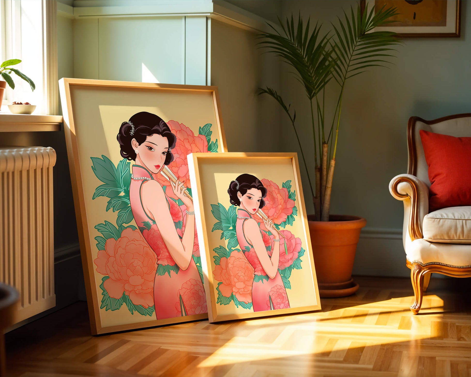 Elegant woman in traditional dress with floral background