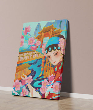 Traditional Asian art with cherry blossoms and architecture