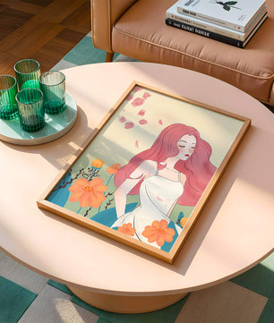 Illustration of a serene woman in a floral dress with flowing red hair