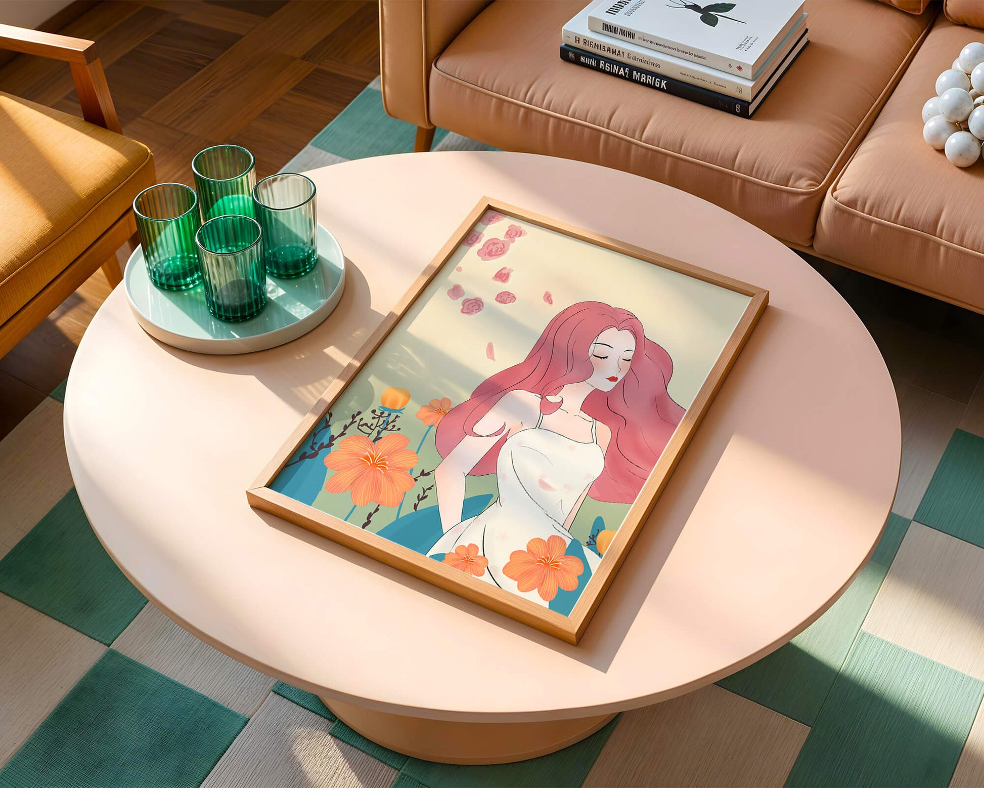 Illustration of a serene woman in a floral dress with flowing red hair