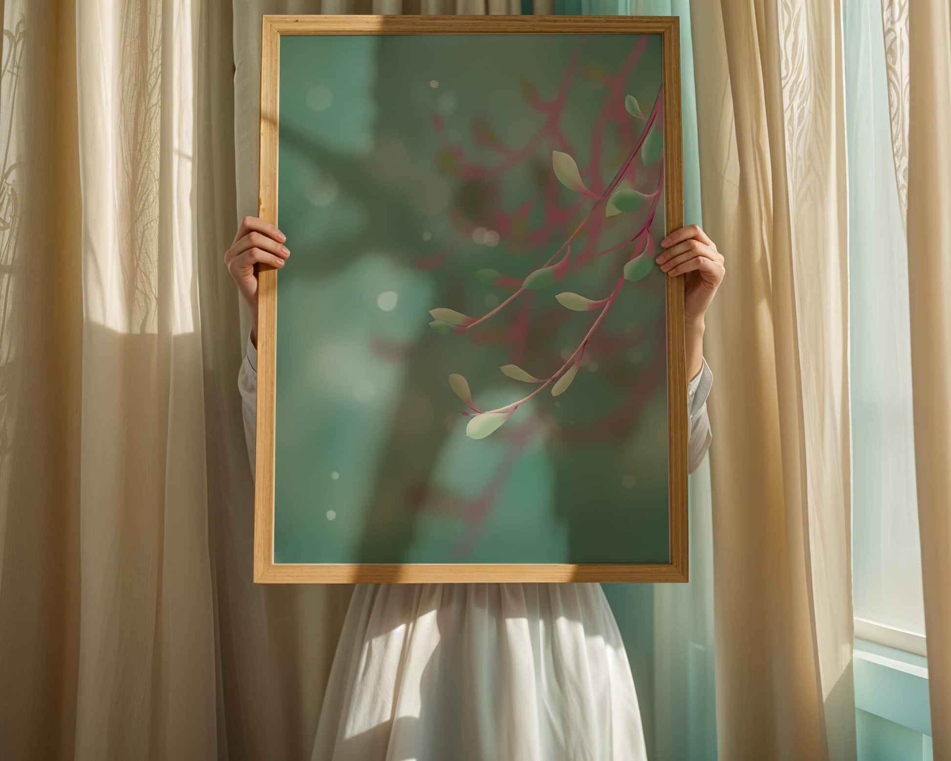 Diseño abstracto sereno con hojas pastel y fondo borroso