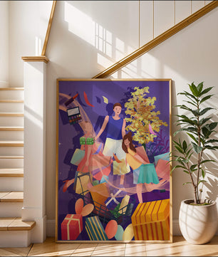 Illustration d'une expérience de shopping joyeuse en famille avec des cadeaux et des couleurs vives
