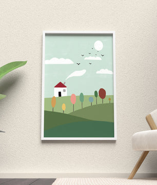 Minimalist Landscape with Colorful Trees and House