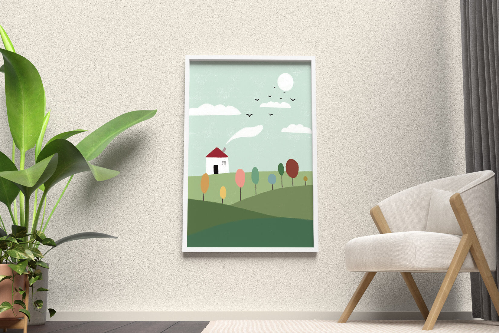 Minimalist Landscape with Colorful Trees and House