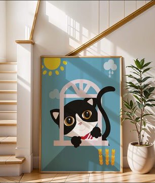 Charming black and white cat peeking through window under bright sun
