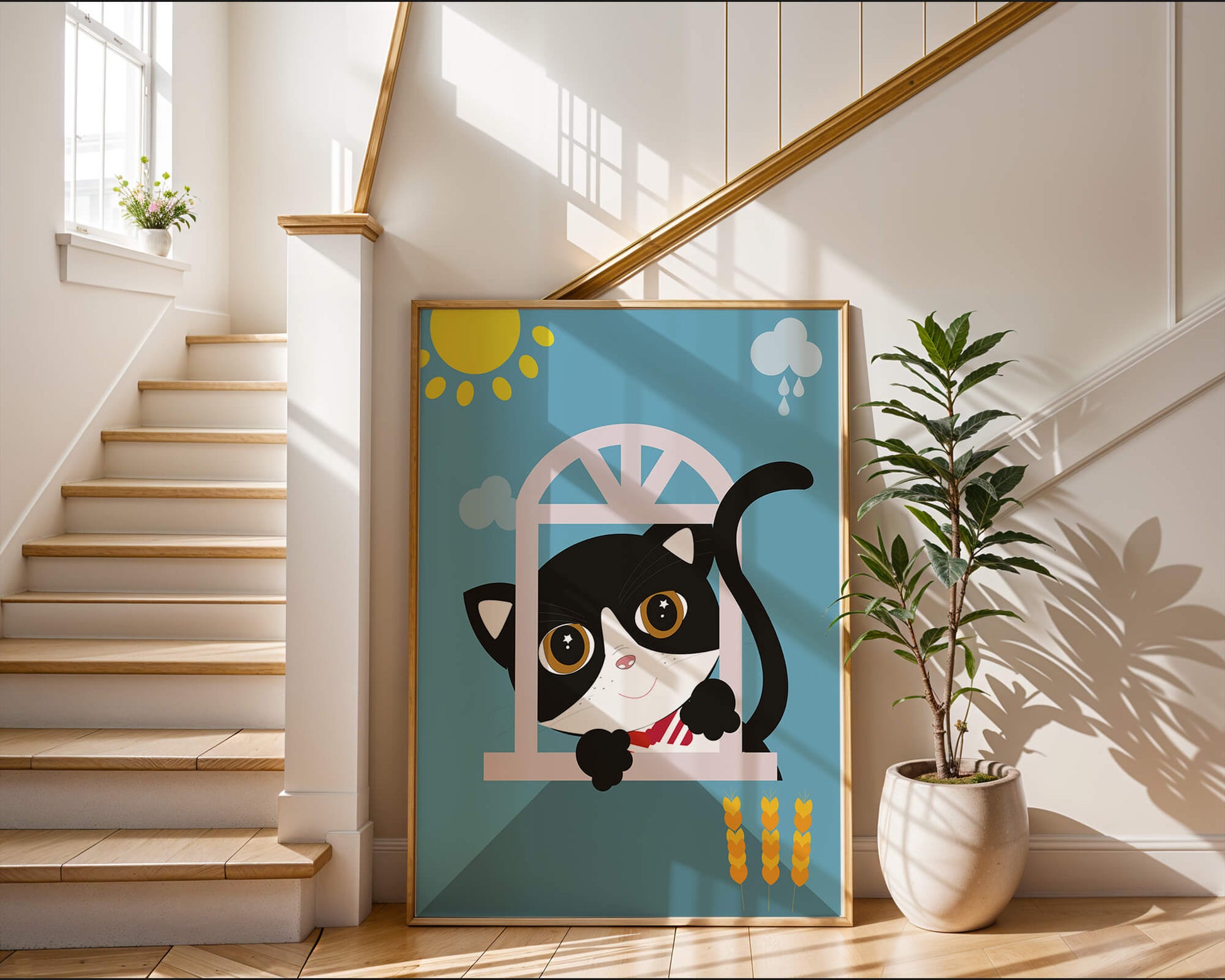 Un encantador gato blanco y negro se asoma por la ventana bajo el sol brillante.