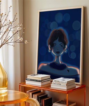 Illustration d'une femme avec des lumières bokeh et des boucles d'oreilles élégantes