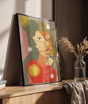 Abstract portrait artwork with geometric forms and gold accents
