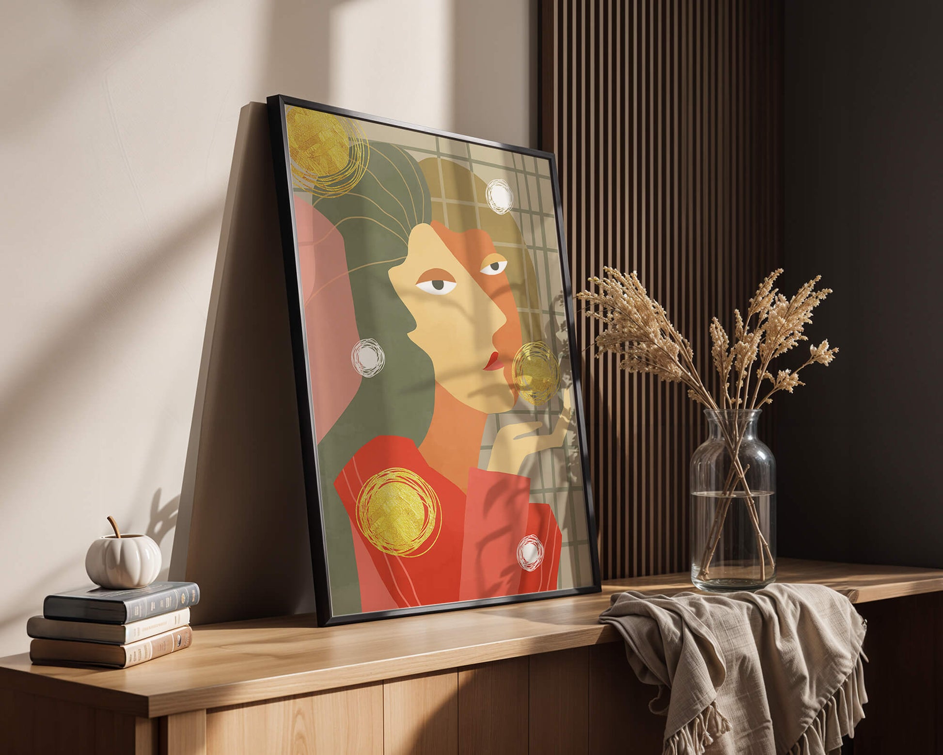 Abstract portrait artwork with geometric forms and gold accents