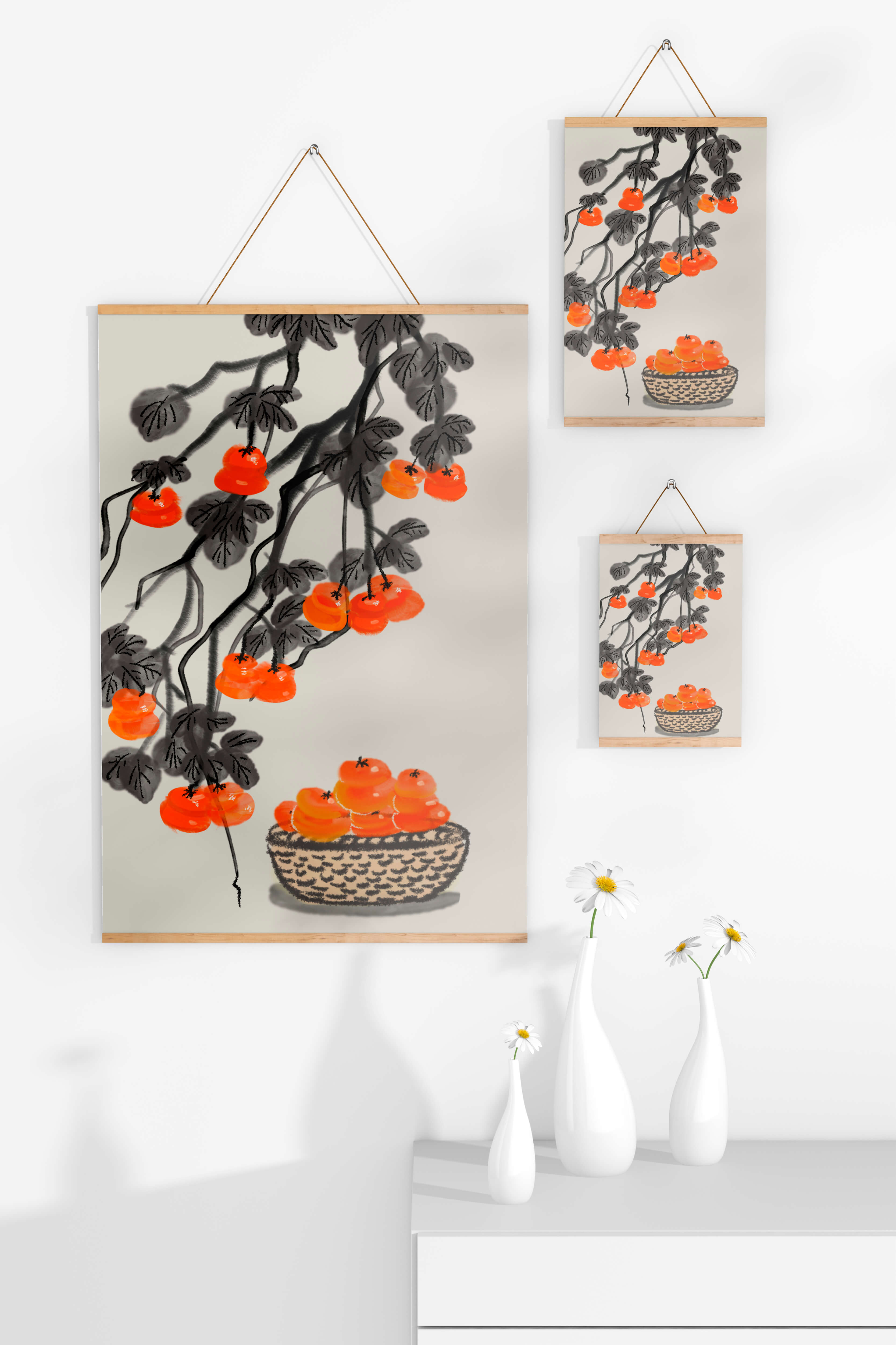 Artistic depiction of hanging persimmons with basket on watercolor canvas