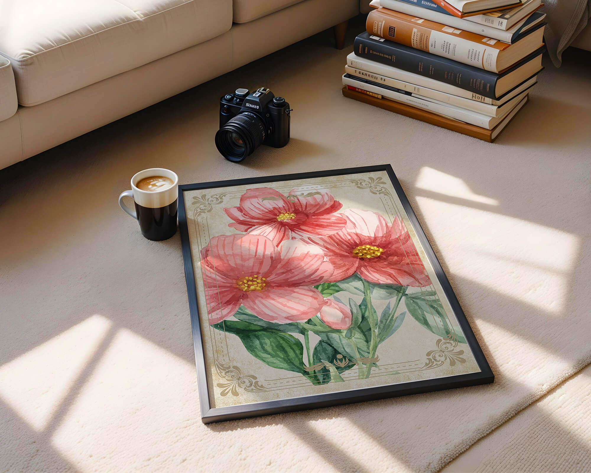 Watercolor floral illustration with pink blooms and green foliage