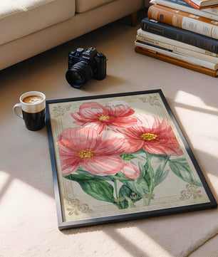 Watercolor floral illustration with pink blooms and green foliage
