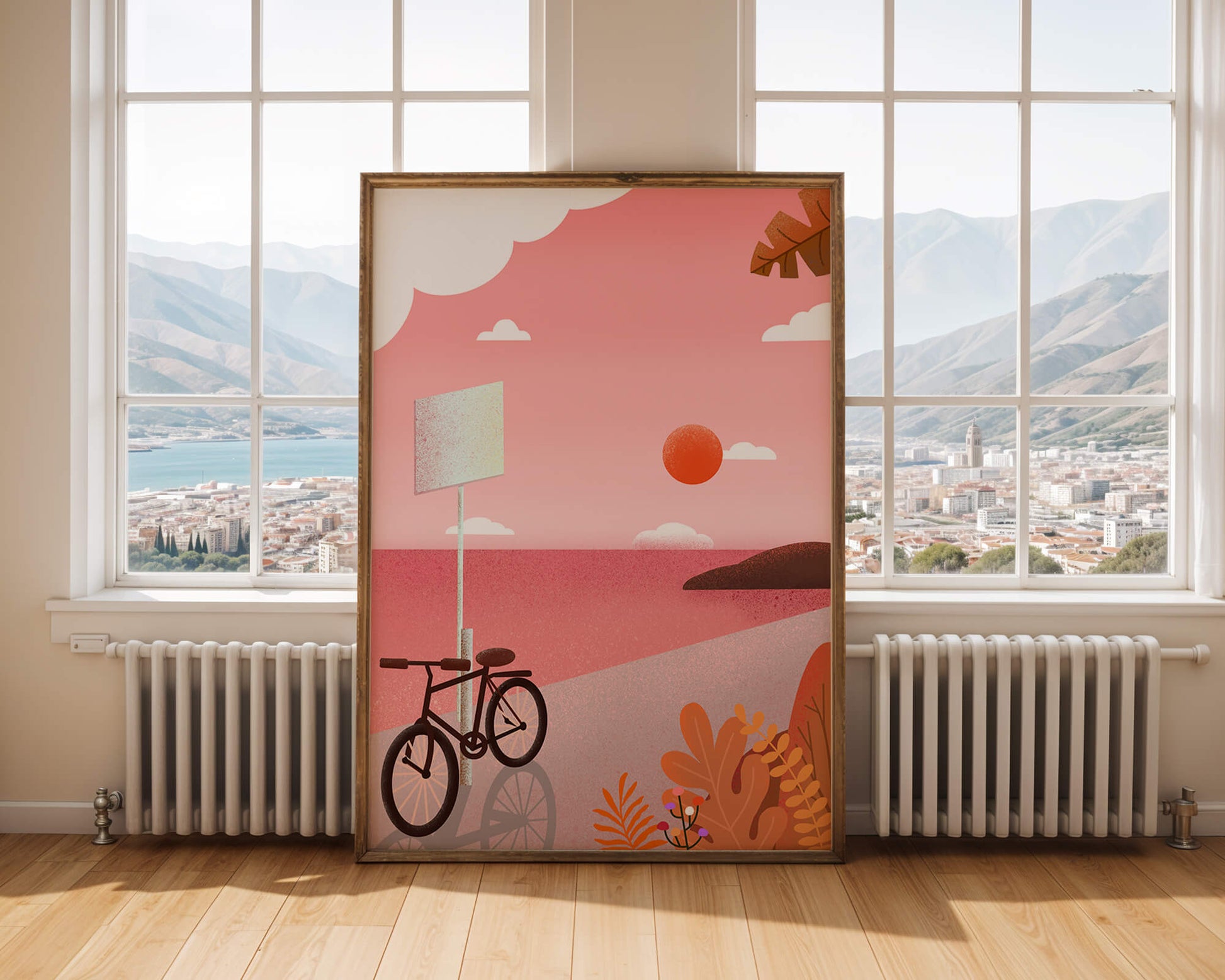 Serene sunset with bicycle by the sea in pastel colors