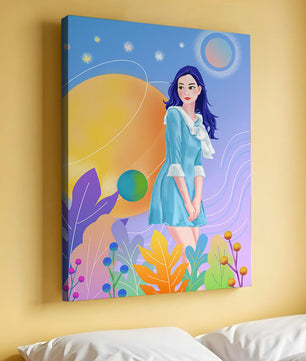 Ilustración de fantasía de una mujer en un jardín cósmico con colores vibrantes