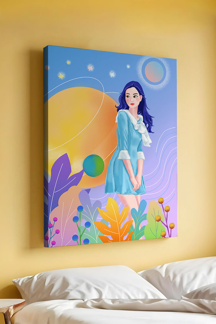 Ilustración de fantasía de una mujer en un jardín cósmico con colores vibrantes