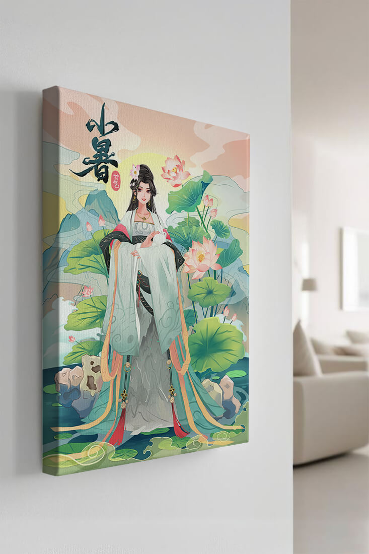 Elegant woman in traditional attire with lotus flowers and serene backdrop